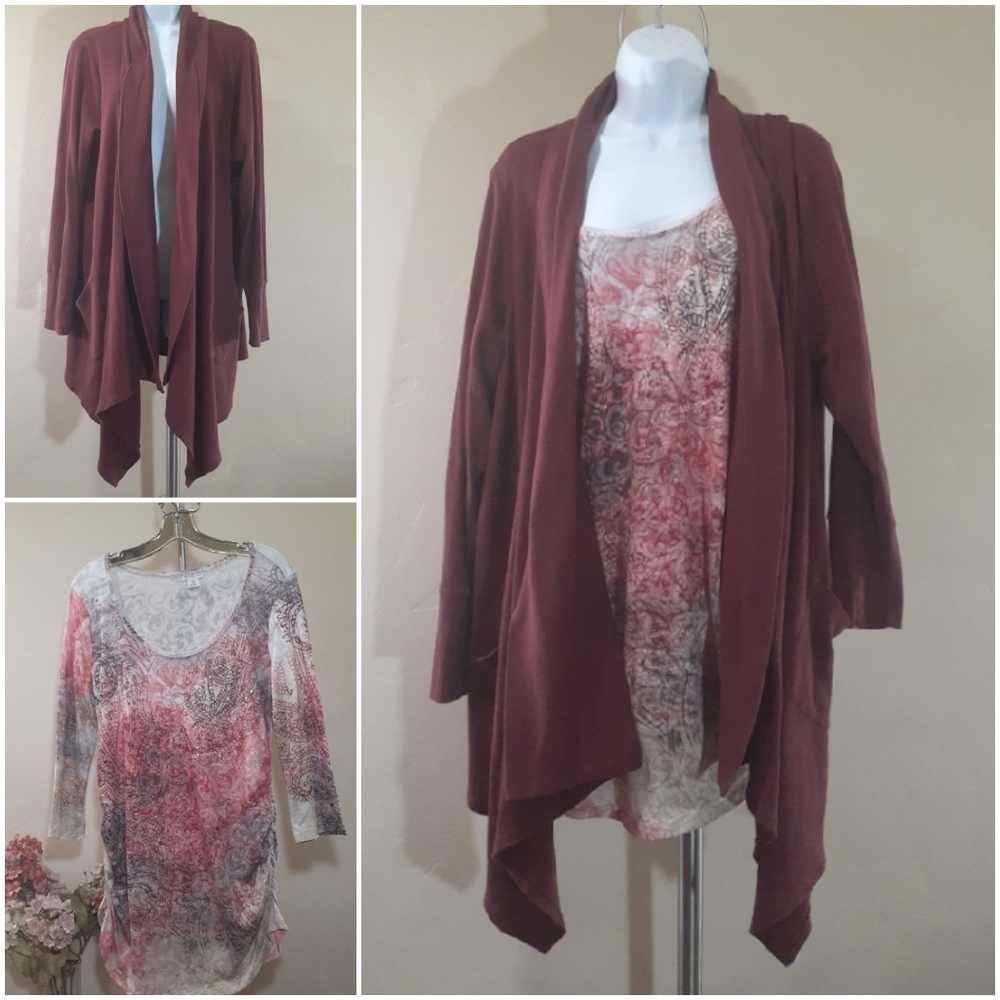 Paisley Ruched Rhinestone Embellished Top + Thermal Open Cardigan
